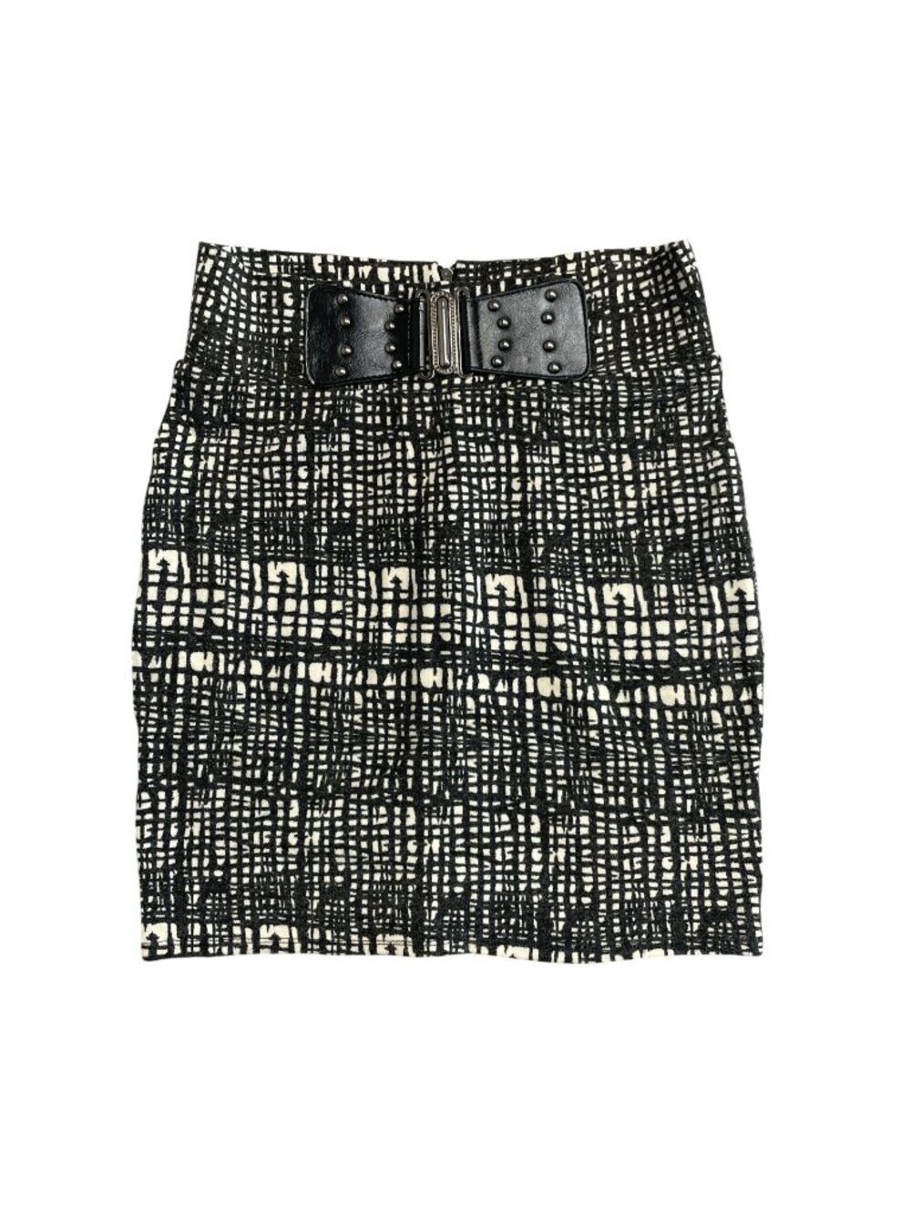 Lapis Size M Black & White High-Waisted Mini Skirt Faux Leather Studded P0092